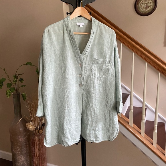 Pure Jill Yarn Dyed 100% Linen Tunic Blouse Button Front Light Green Sz XL - Picture 3 of 16
